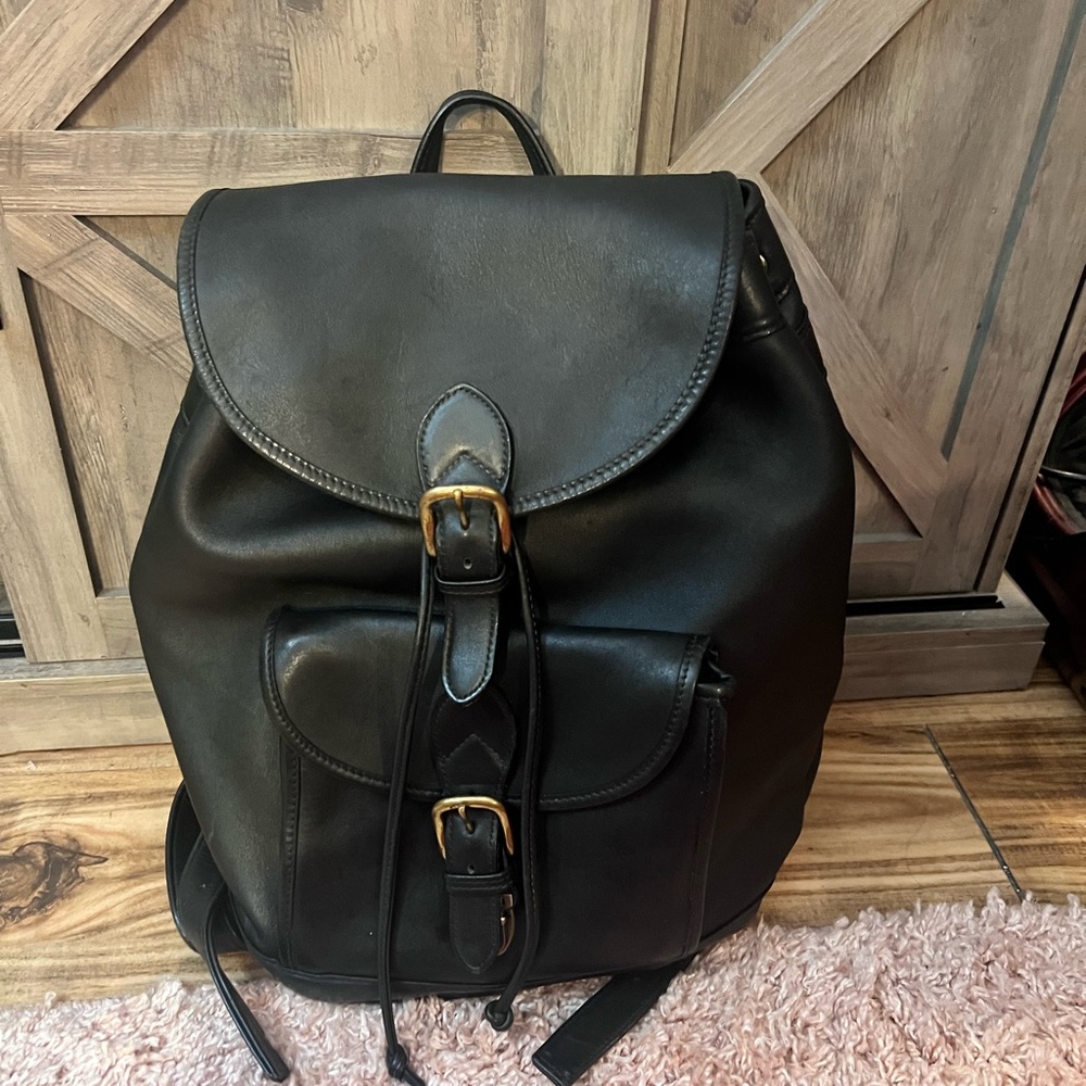 Aston Black Leather Large Drawstring Backpack Cla… - image 3